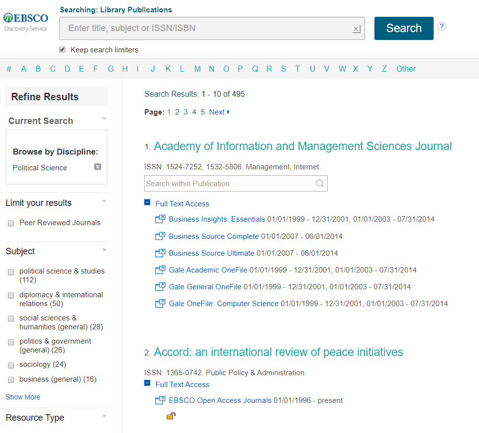 list of journal titles from political science discipline with scope, date range, and subject range under titles