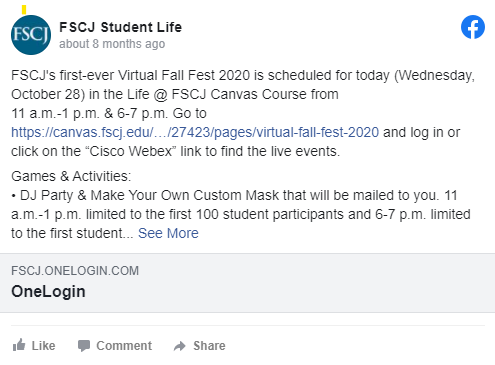 FSCJ Student Life Facebook post