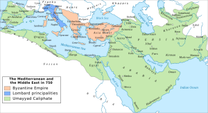Map of the Mediterranean and Middle Eastern worlds around 740 CE.
